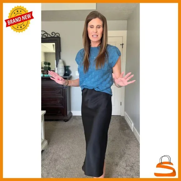 Satin Silk High Waist Slit Midi Skirt Elastic Waistband Flowy - Picture 7 of 8